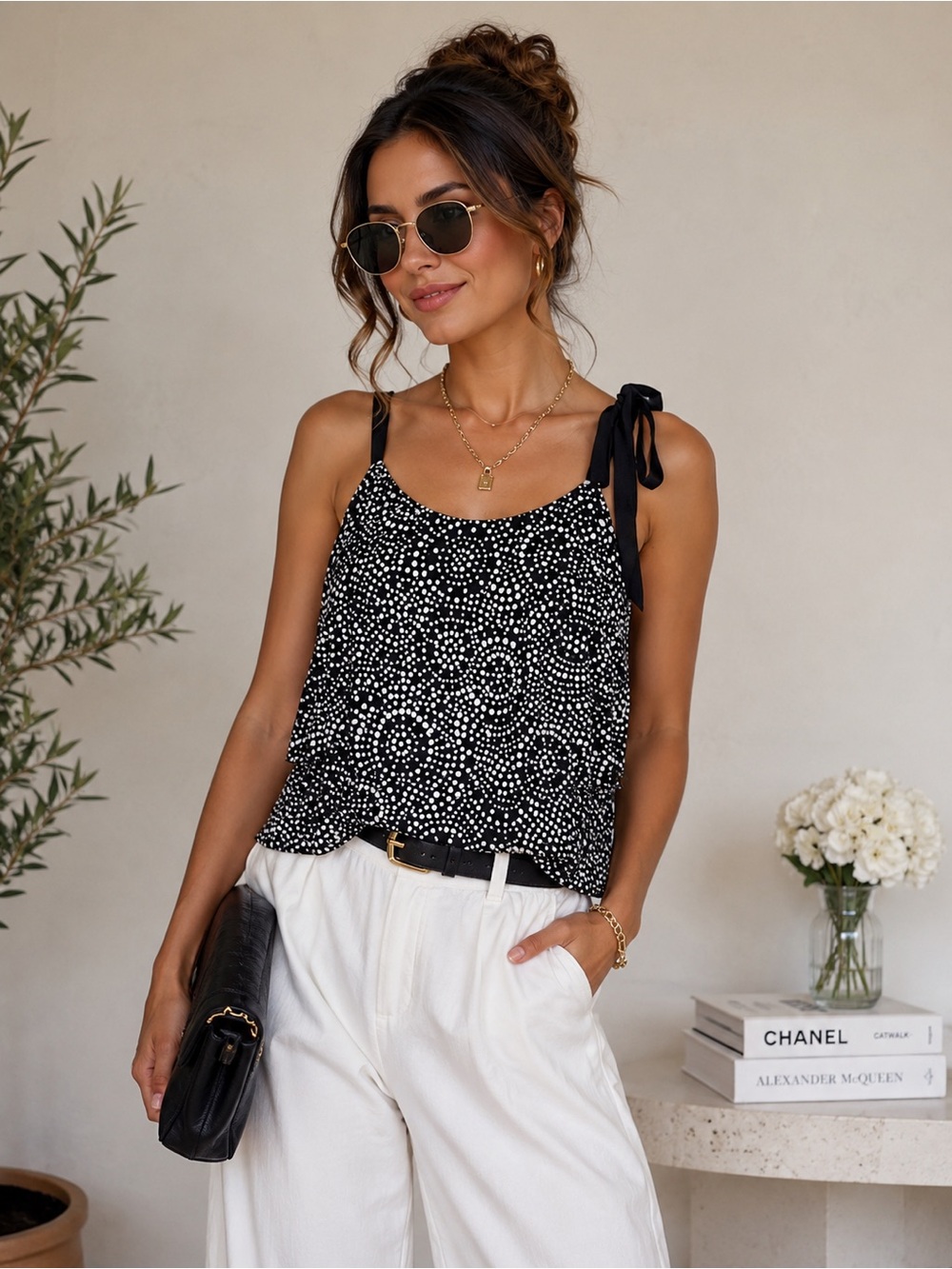 NWT Michael Kors Black White Polka Dot Sleeveless Tie Bow Tiered Summer Top PM
